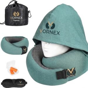 VORNEX Hooded Memory Foam Travel Neck Pillow Set with Eye Mask and Earplugs