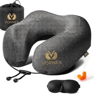 VORNEX Memory Foam Travel Neck Pillow Set with 3D Eye Mask and Earplugs